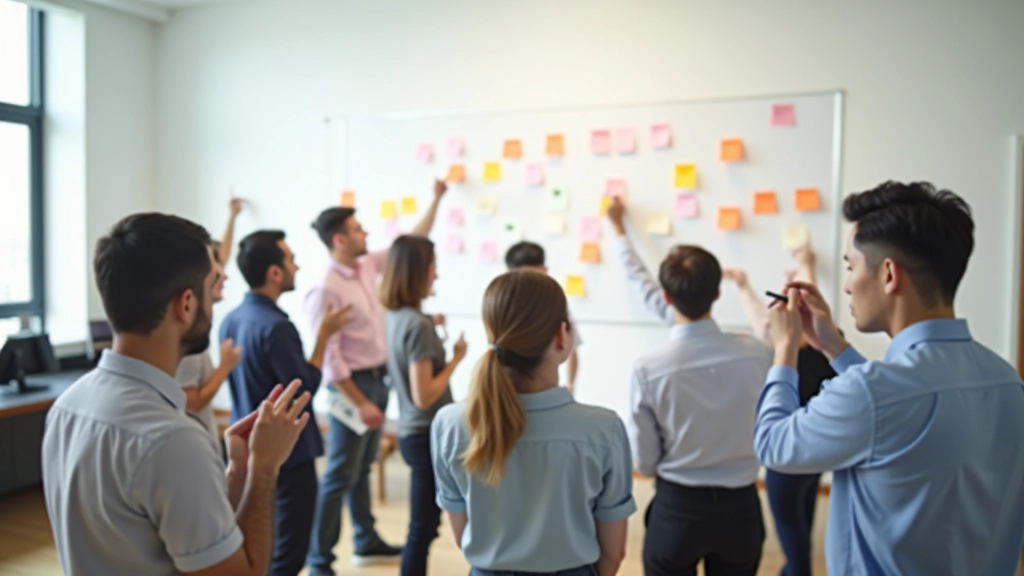 Workshop participants brainstorming with sticky notes on a large whiteboard in a modern classroom setting