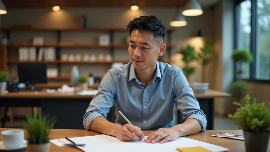 Person sitting at clean desk with creative materials and digital devices